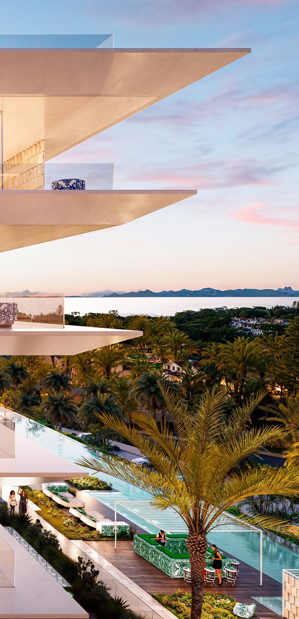 Stacked cantilevered terraces looking down on the gardens and the pool.