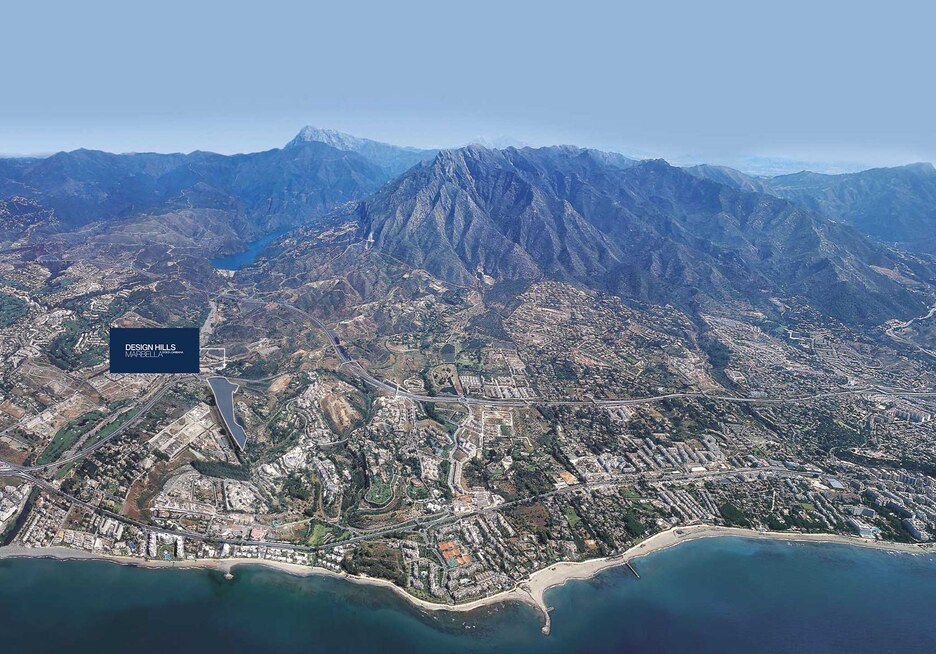 Aerial photograph of the Golden Mile coastline with the Design Hills site marked.
