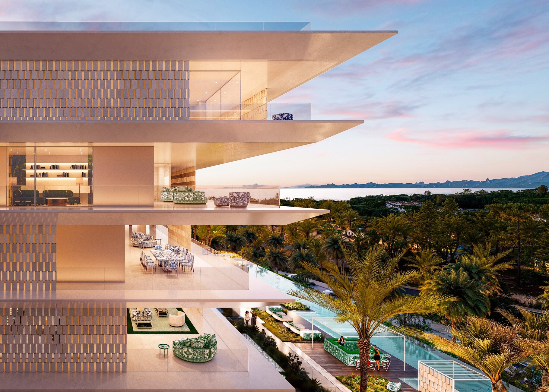 The penthouse terraces at dusk, wrapped in the lattice screen, the sea beyond.